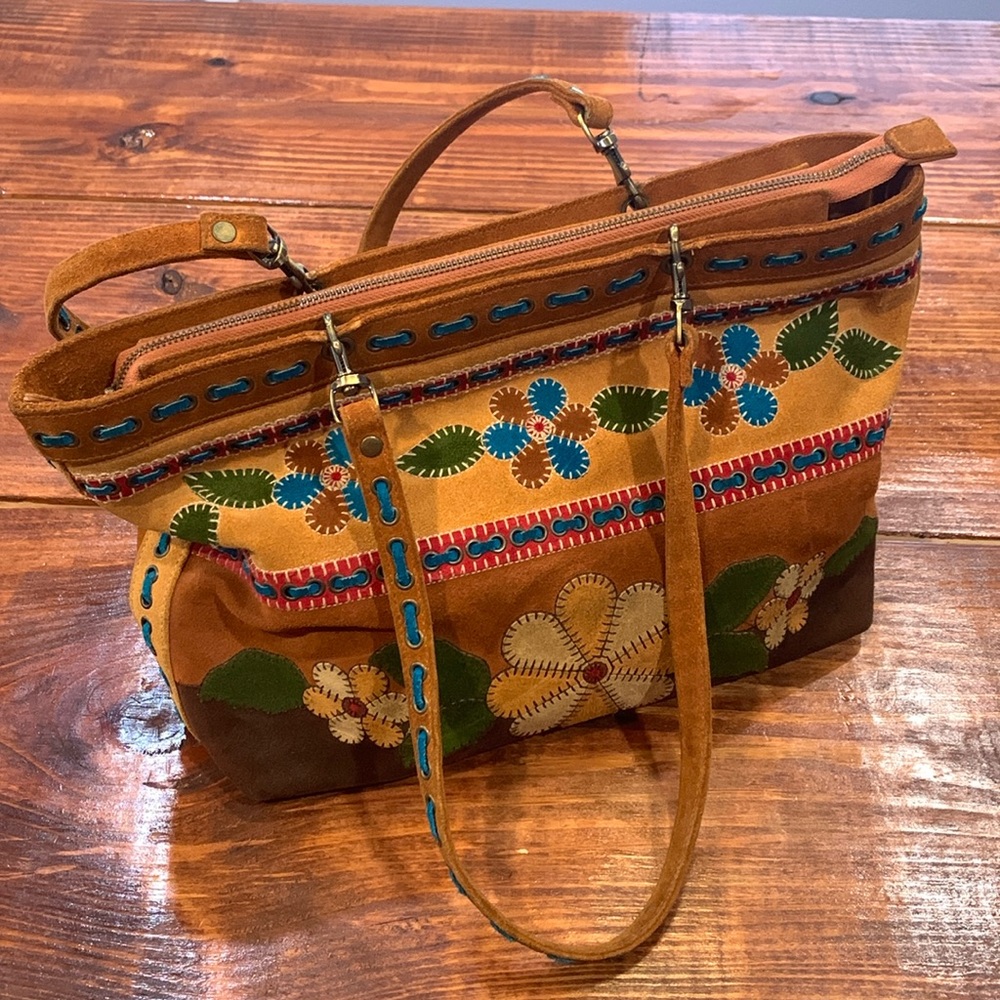Isabella Fiore Suede Stitched Floral Patchwork Shoulder Purse Handbag